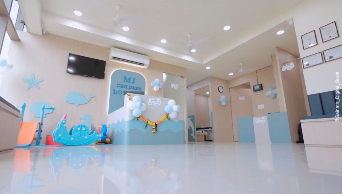 MJ Children Hospital reception with play area and ocean-themed decor