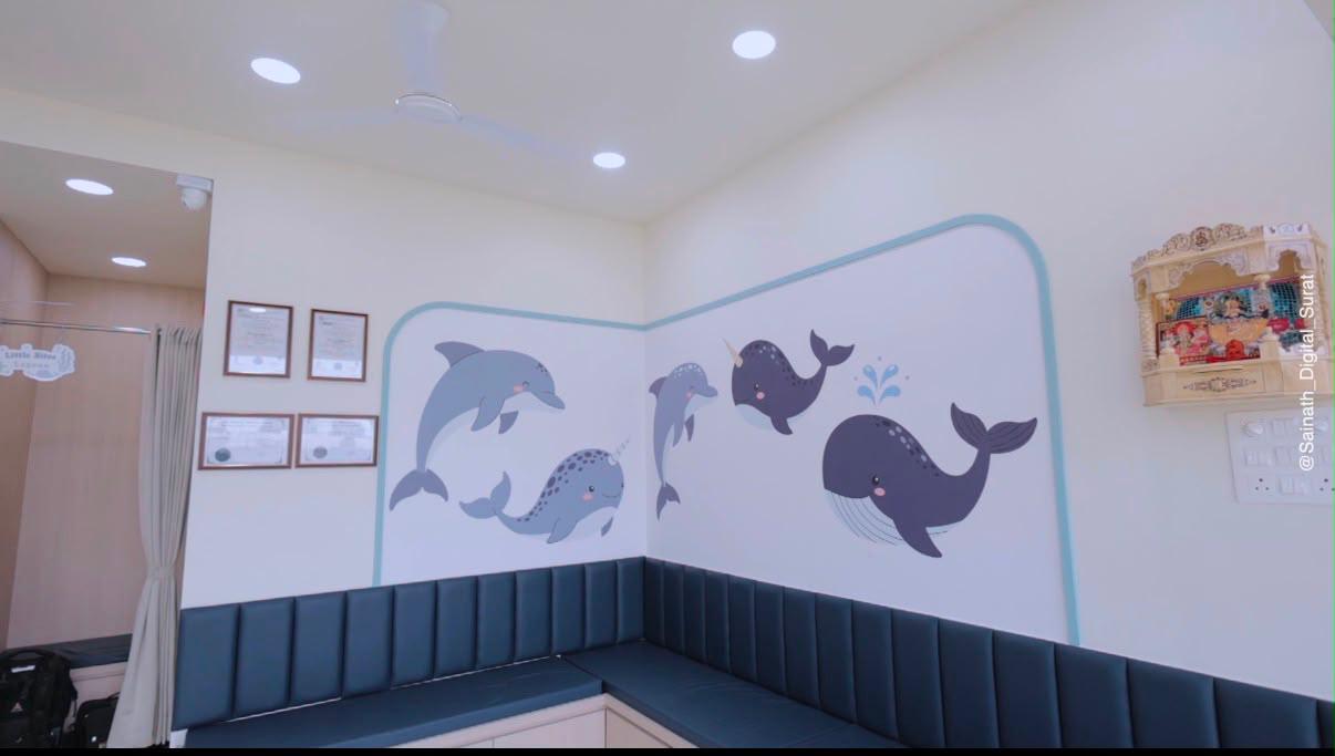 Child-friendly waiting area with sea creature murals